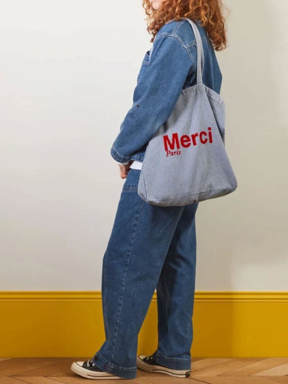 Merci PARIS Hickory Eco Tote Bag Blue Striped Red | French Organic Cotton